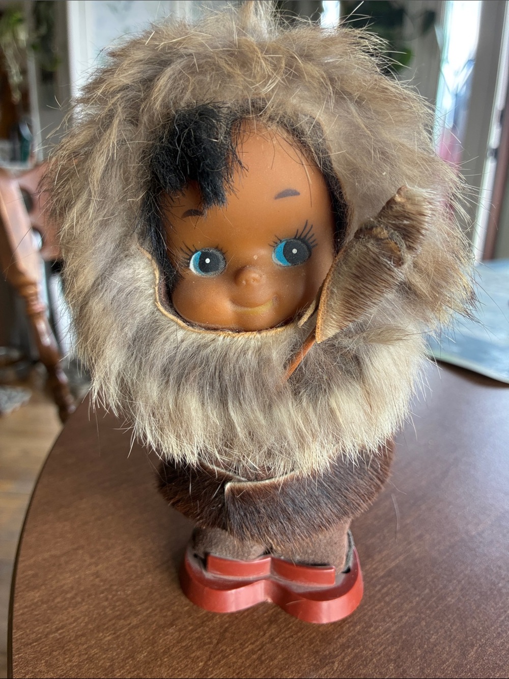 Vintage Style Brown Eskimo Doll Plush with real fur hood. Bought 1976 Anchorage